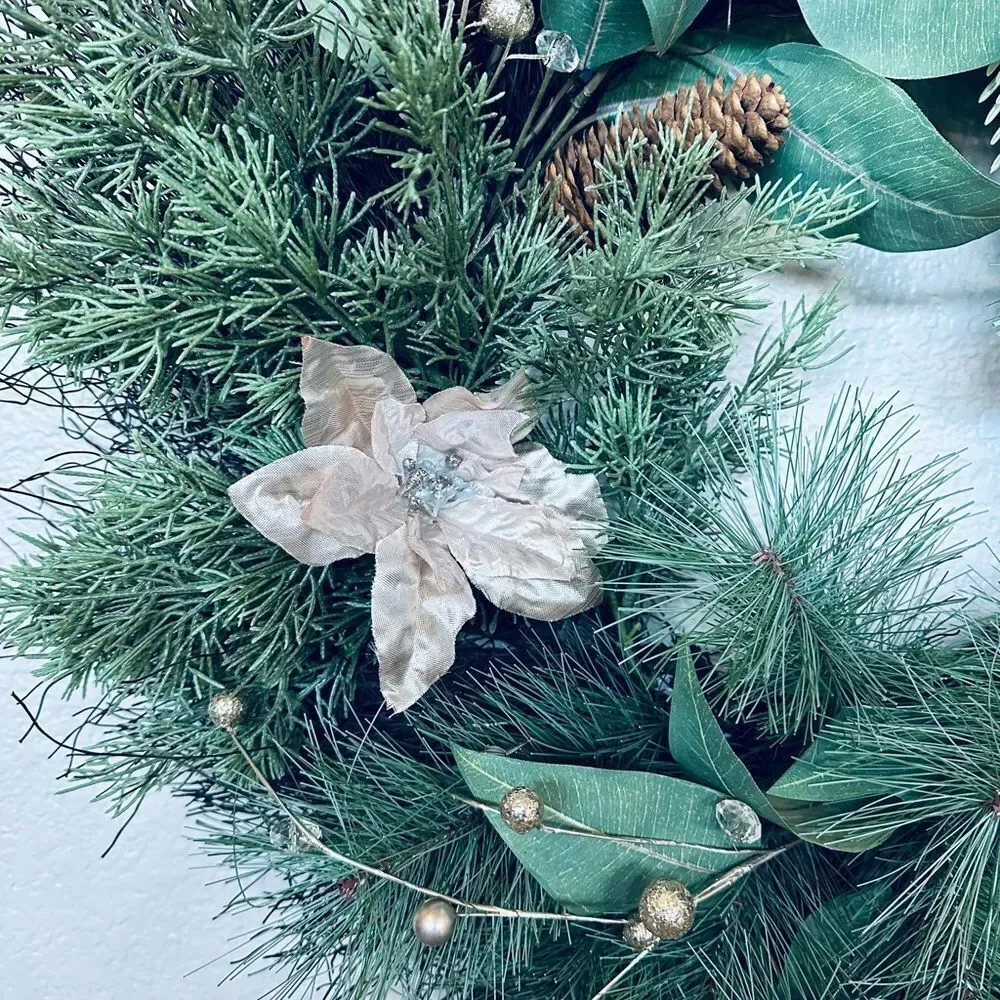 Christmas Greenery Champagne Poinsettia Beaded Berry Stems Holiday Wreath